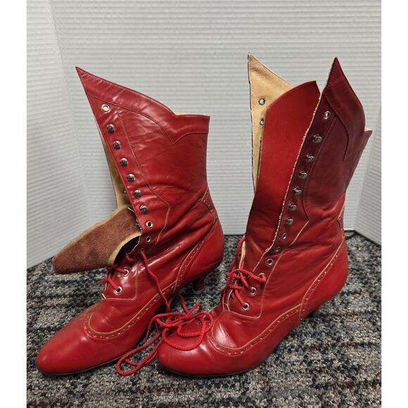 VTG Custom Red Leather Lace & Hook Tall Boots Kitten Heel Unique Sz 10 - Picture 2 of 8